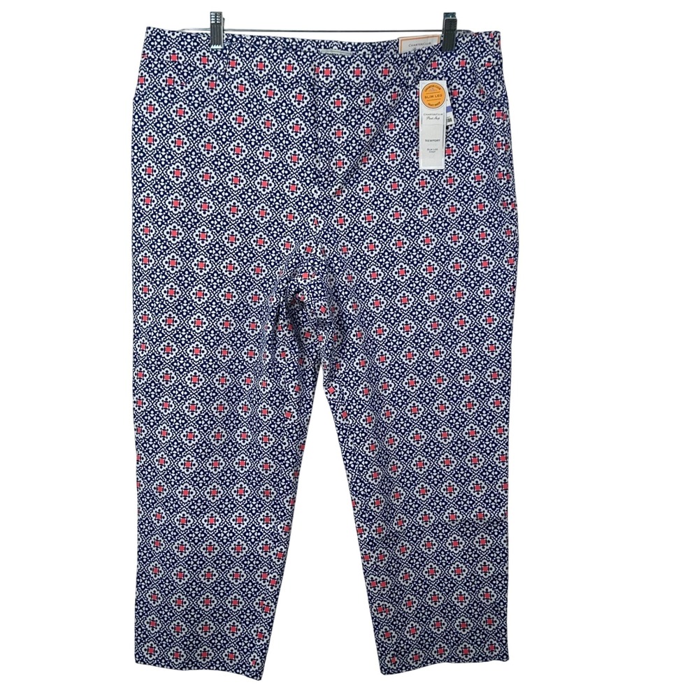 Charter Club Newport‎ Slim Leg Crop Pants Navy White Coral Geometric Print Sz 18